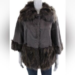 🦝 Diana Rosh Women Rabbit Raccoon Coat Dark Gray Collared Hook Eye Size M